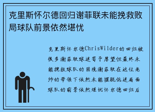 克里斯怀尔德回归谢菲联未能挽救败局球队前景依然堪忧