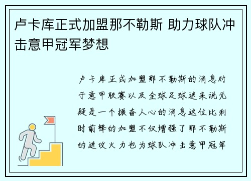 卢卡库正式加盟那不勒斯 助力球队冲击意甲冠军梦想
